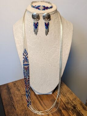 Vintage Sterling Liquid Silver & Block Bead 3-Piece Jewelry Set